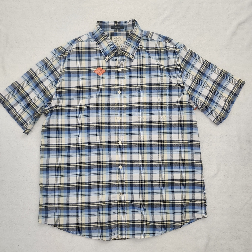 ST. JOHN'S Bay Men's Cotton Blend Blue Plaid Short Sleeve Shirt Large NWT